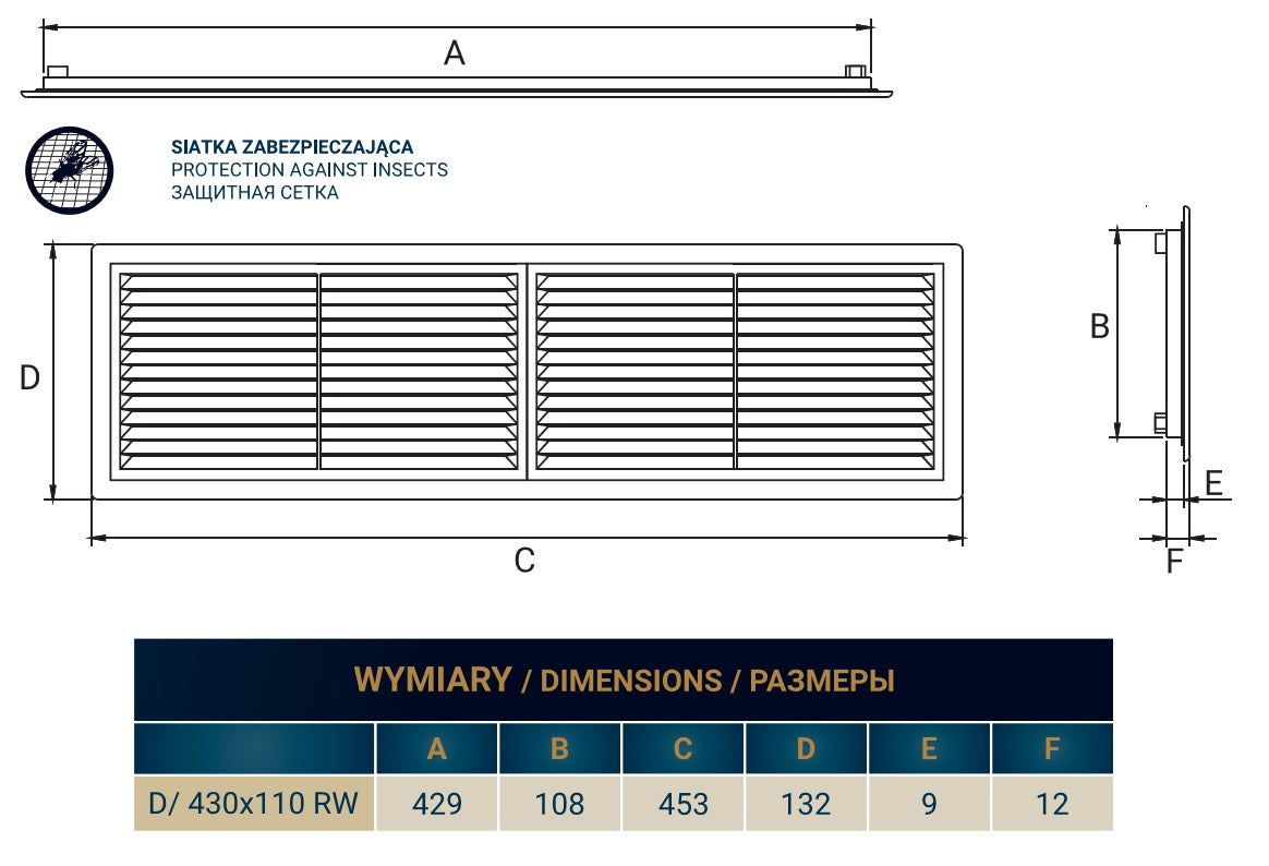 430mm x 110mm Classic Louvre Vent D/430X110RW with Insect Screen