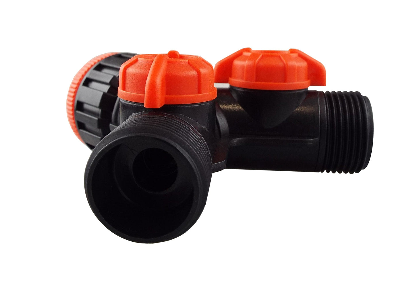 Black/Orange Dual Tap Fitting with Valves and Threaded Outlets