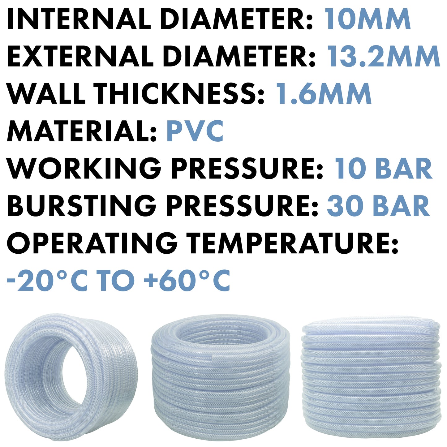 Clear Reinforced PVC Hose Pipe 10mm x 1.6mm