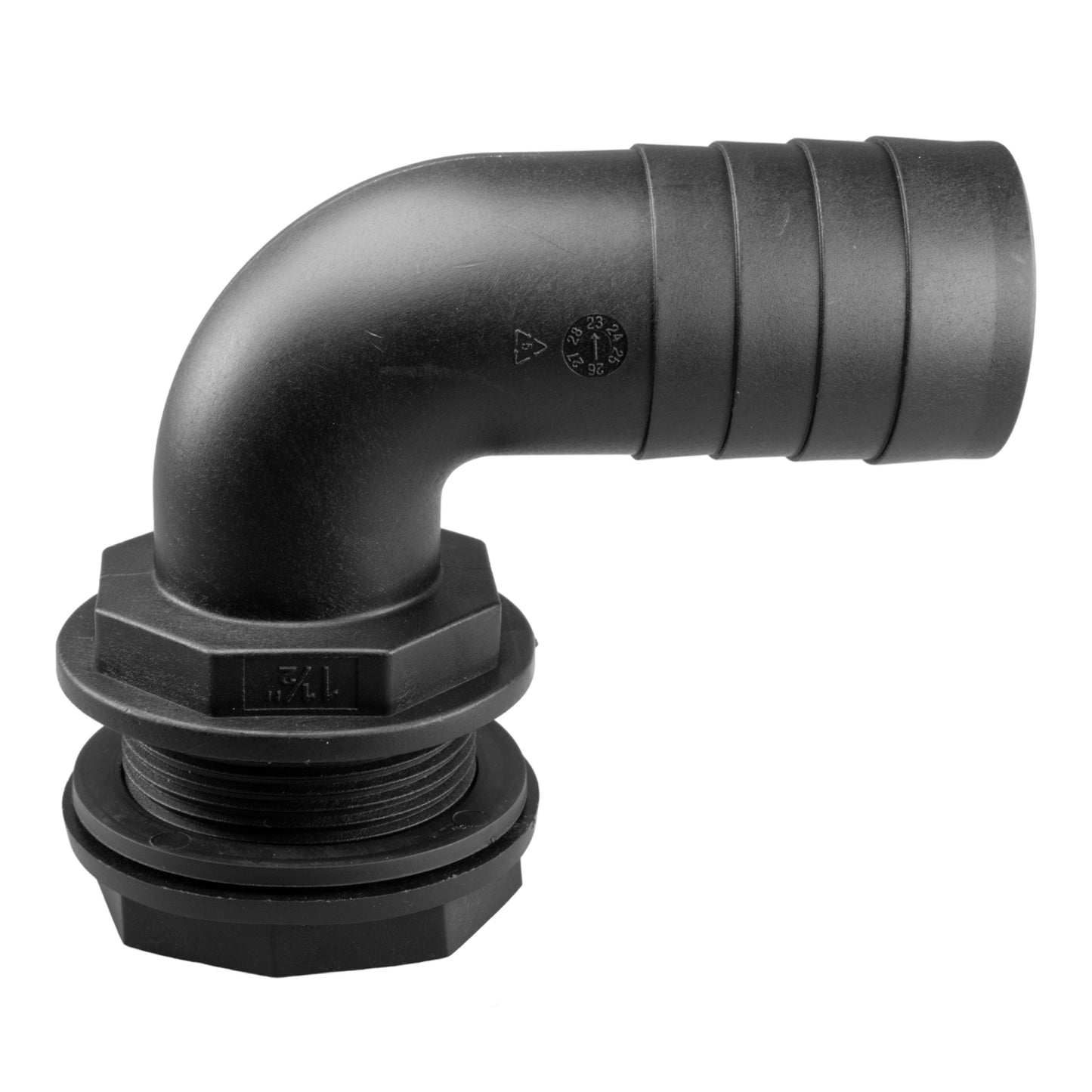 90° Tank Fitting with Washer and Nut — 1" BSP Male to 1" Barbed
