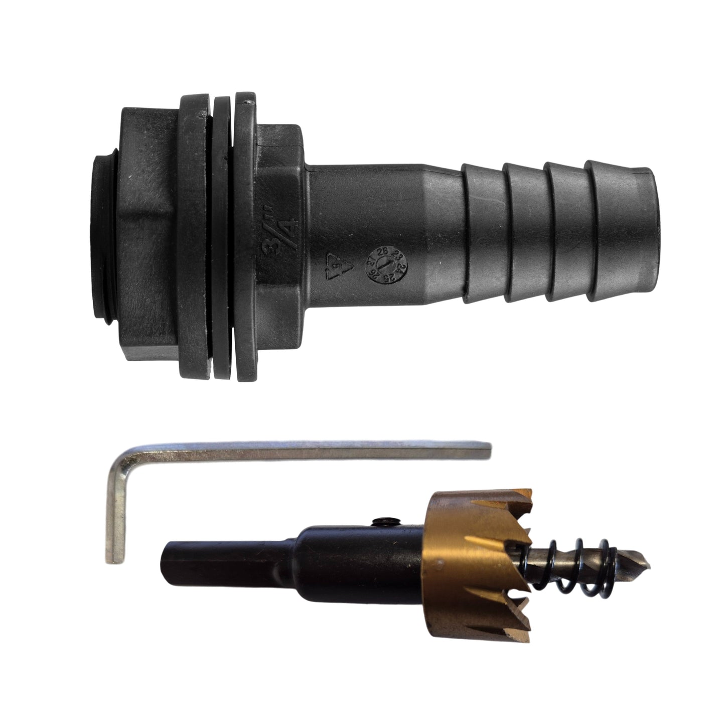 3/4" BSPM Tank Connector with Washer, Nut & 3/4" Barb – Includes Drill Bit