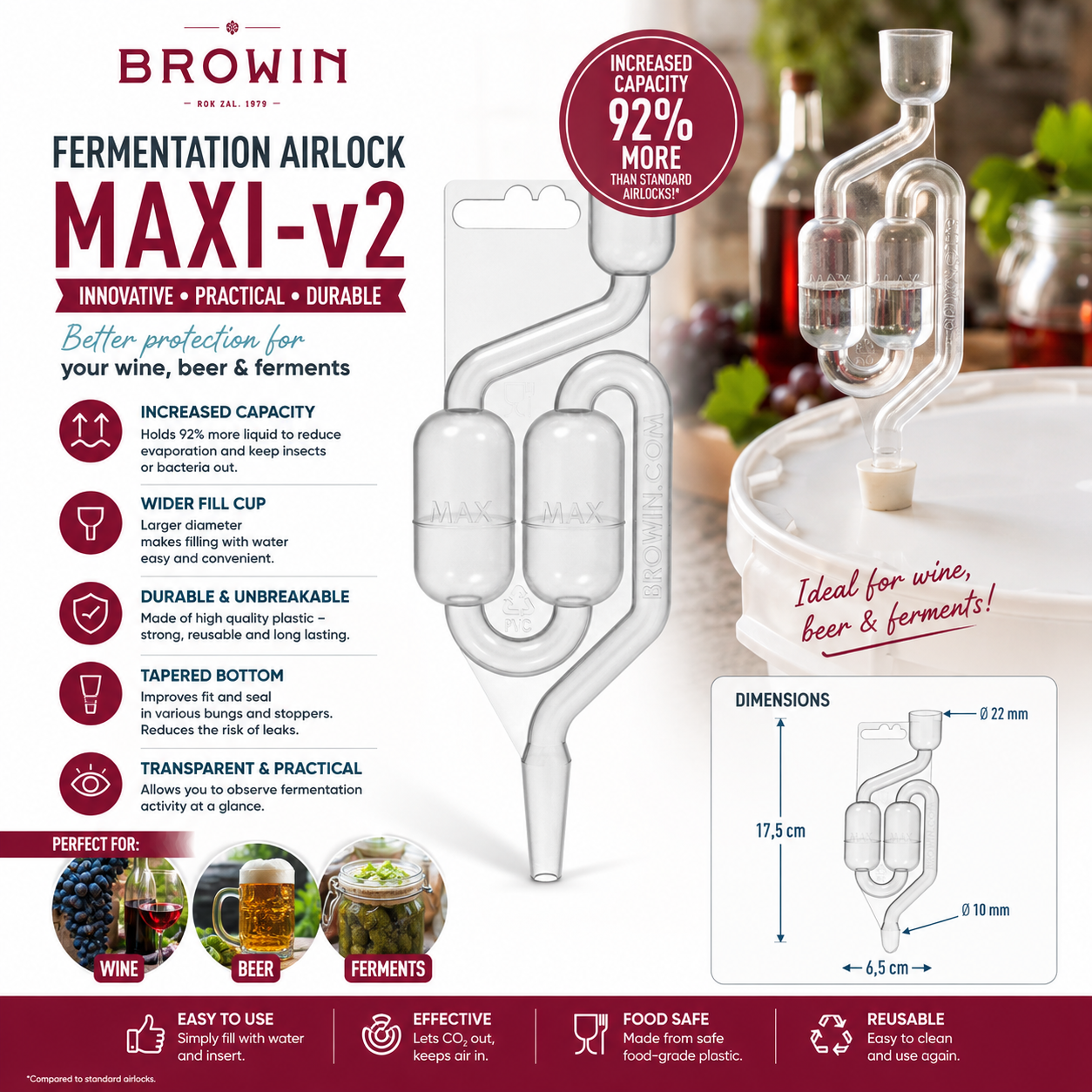 Browin MAXI-v2 Fermentation Airlock Plastic Airlock for Wine Beer Pickling