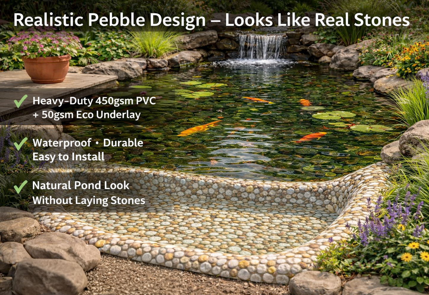 Pebble Effect Pond Liner 450gsm PVC with Underlay – Heavy Duty Garden Lining