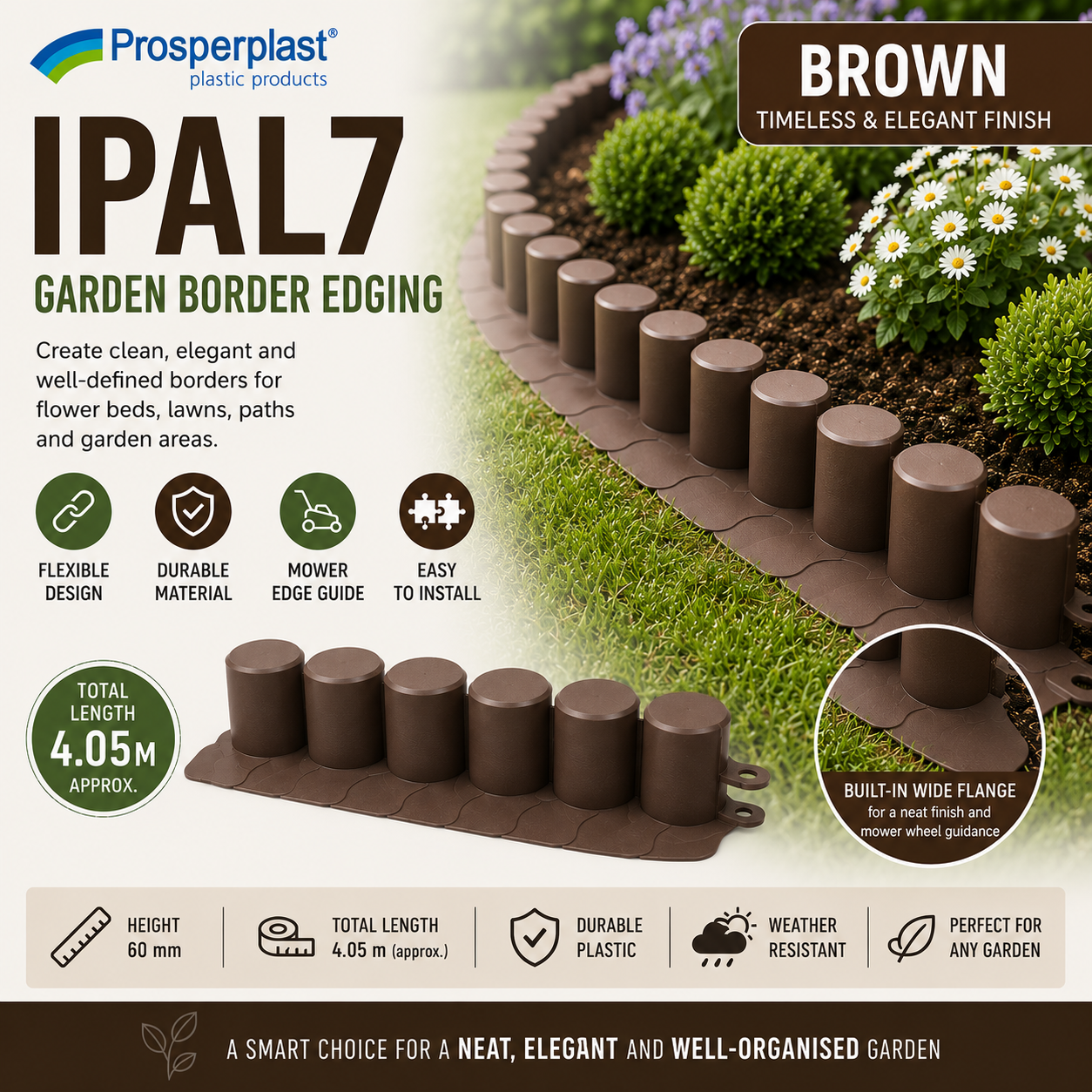 Garden Border Edging 4.05m Flexible Lawn Edge Flower Bed Plastic IPAL7 Brown Terracotta
