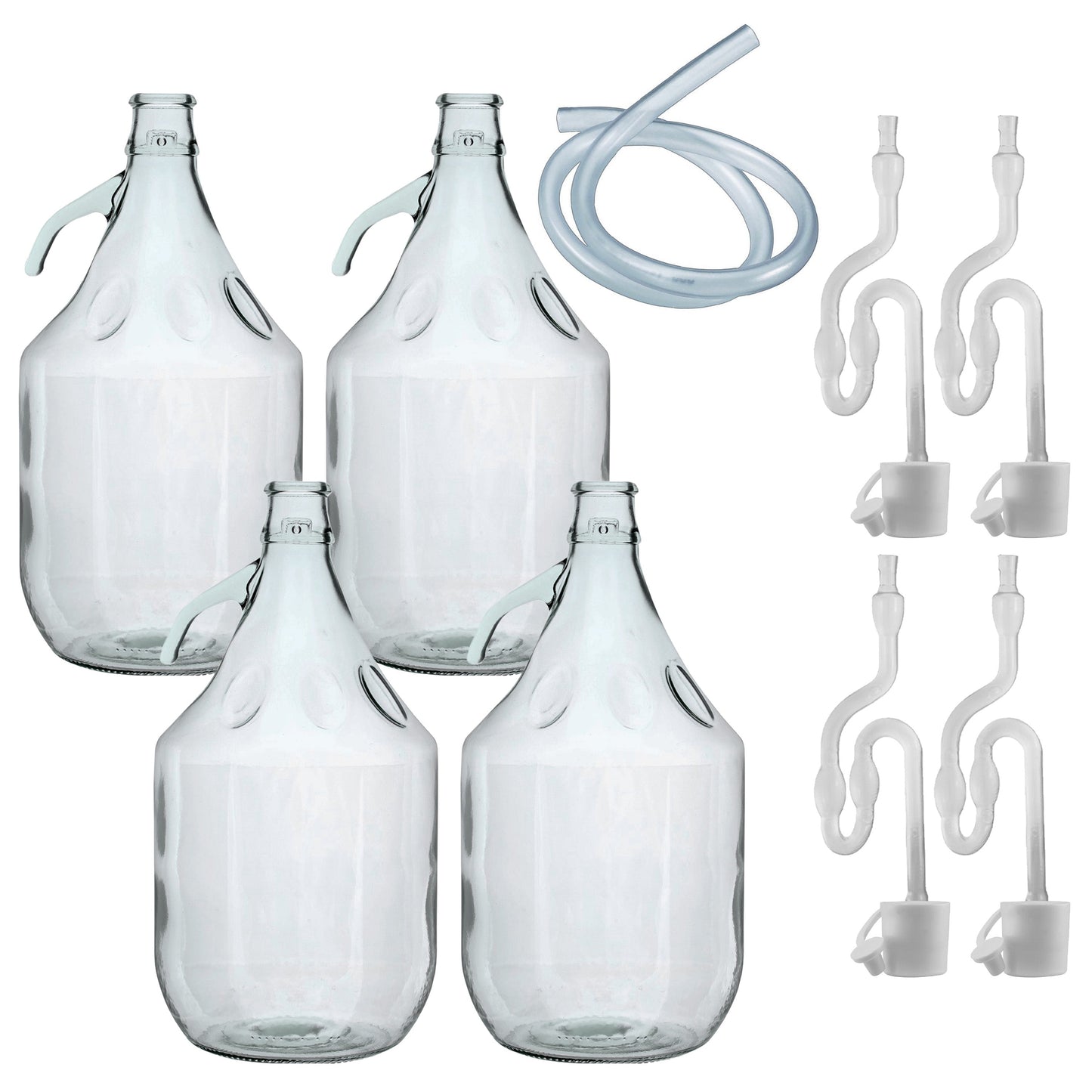 Set of 4 Plain 5L Glass Demijohns Complete With Airlock, Bung and Tube