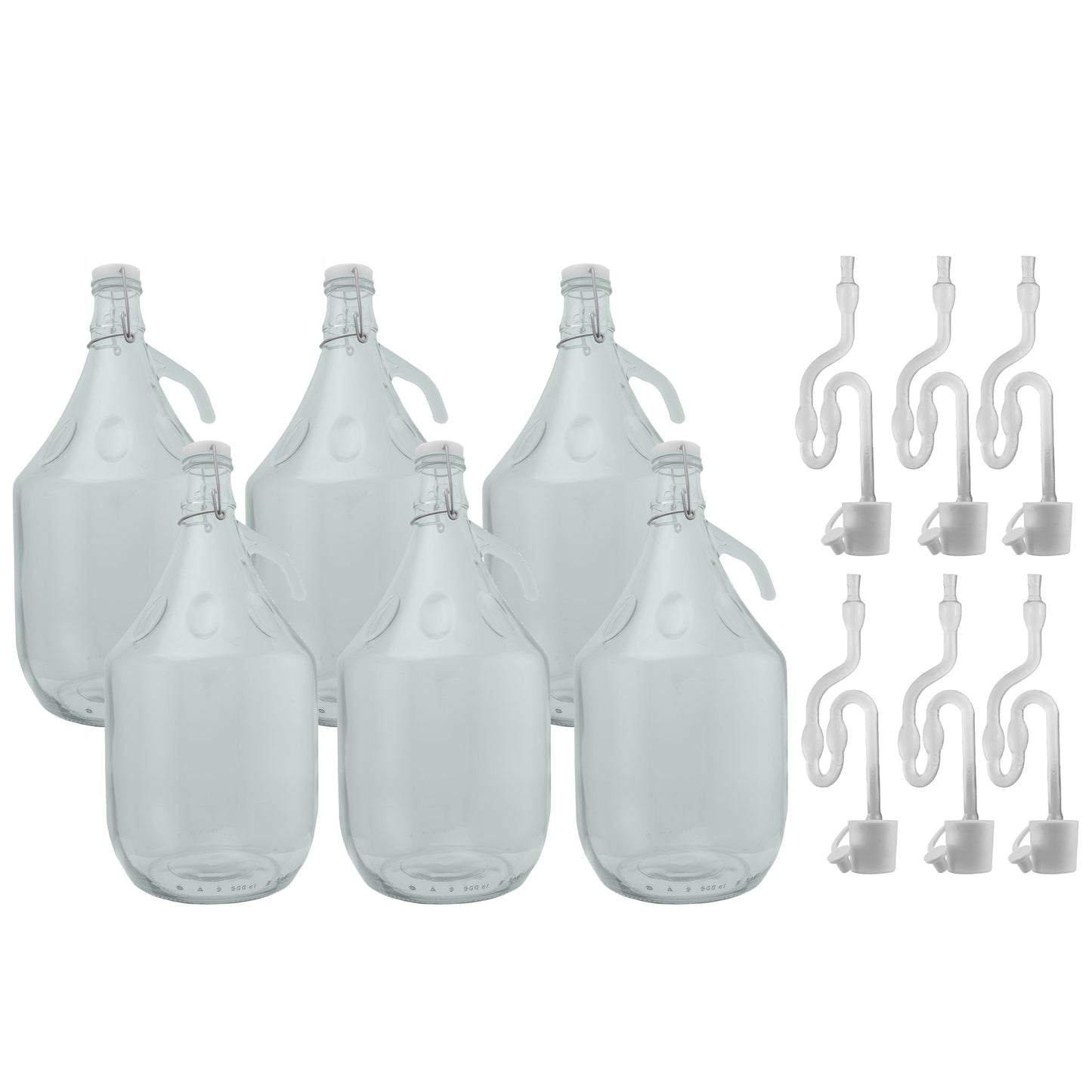 Set of 6 Glass Demijohns 5L Complete with Swing-Top Lid, Airlock and Bung