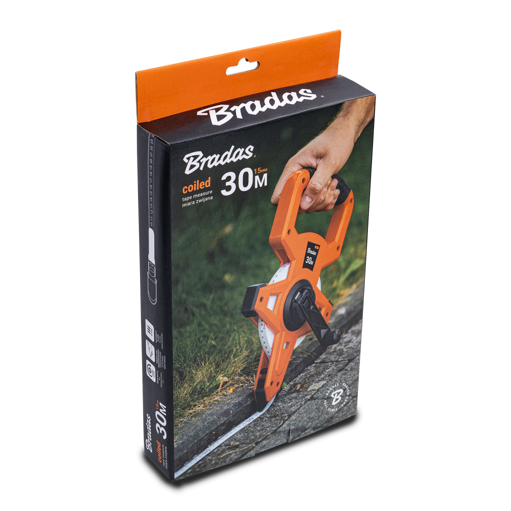 15mm Wide Fibreglas Measuring Tape with Handle – Black/Orange (30m to 100m)