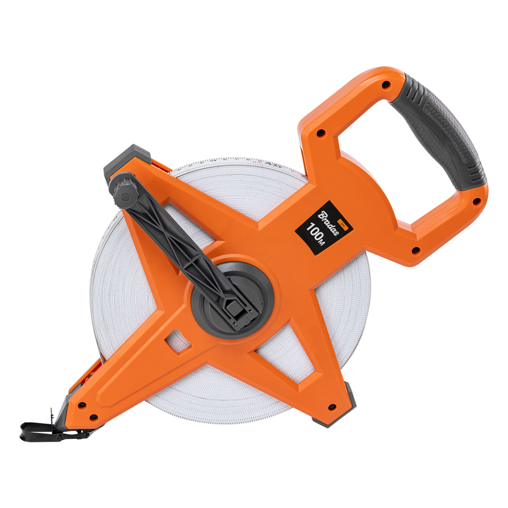 15mm Wide Fibreglas Measuring Tape with Handle – Black/Orange (30m to 100m)