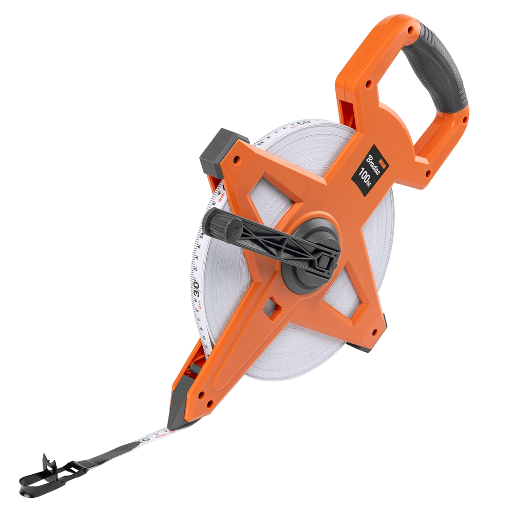 15mm Wide Fibreglas Measuring Tape with Handle – Black/Orange (30m to 100m)