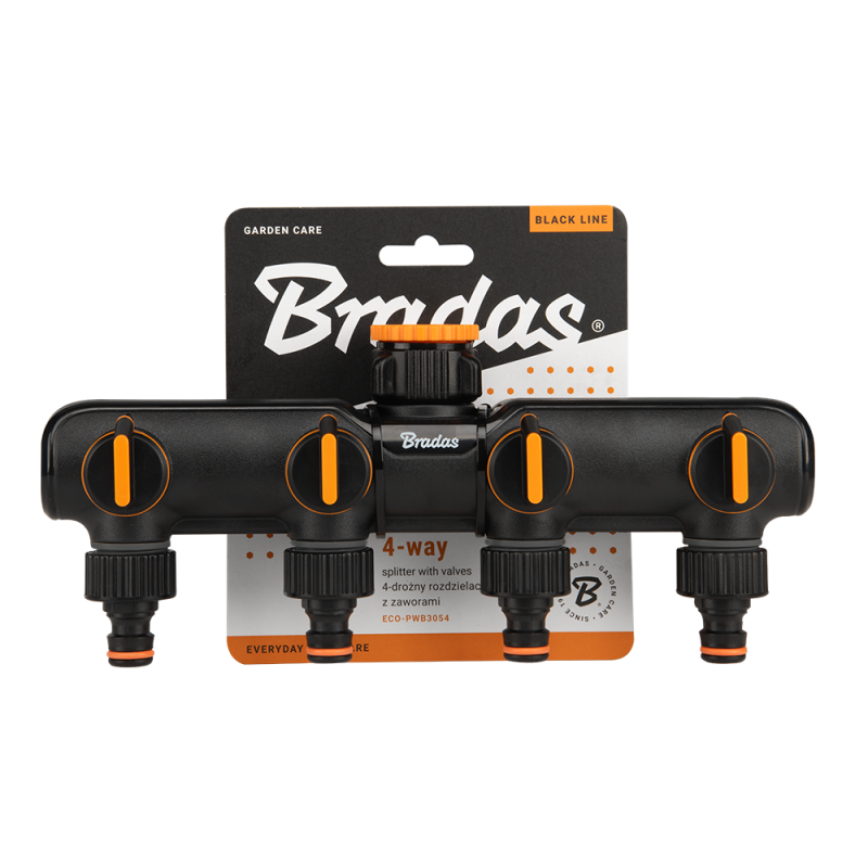Four-Way Garden Tap Splitter with Valves – Orange/Black