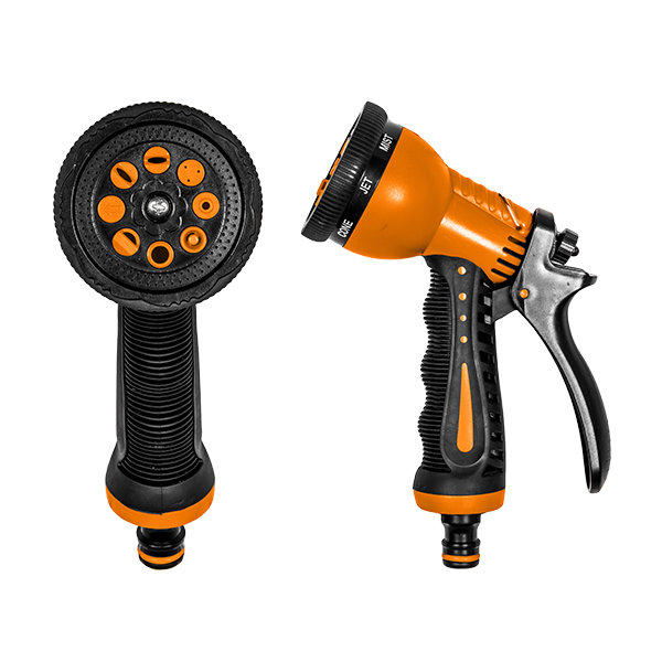 8‑Pattern Adjustable Garden Hose Spray Gun – Black/Orange