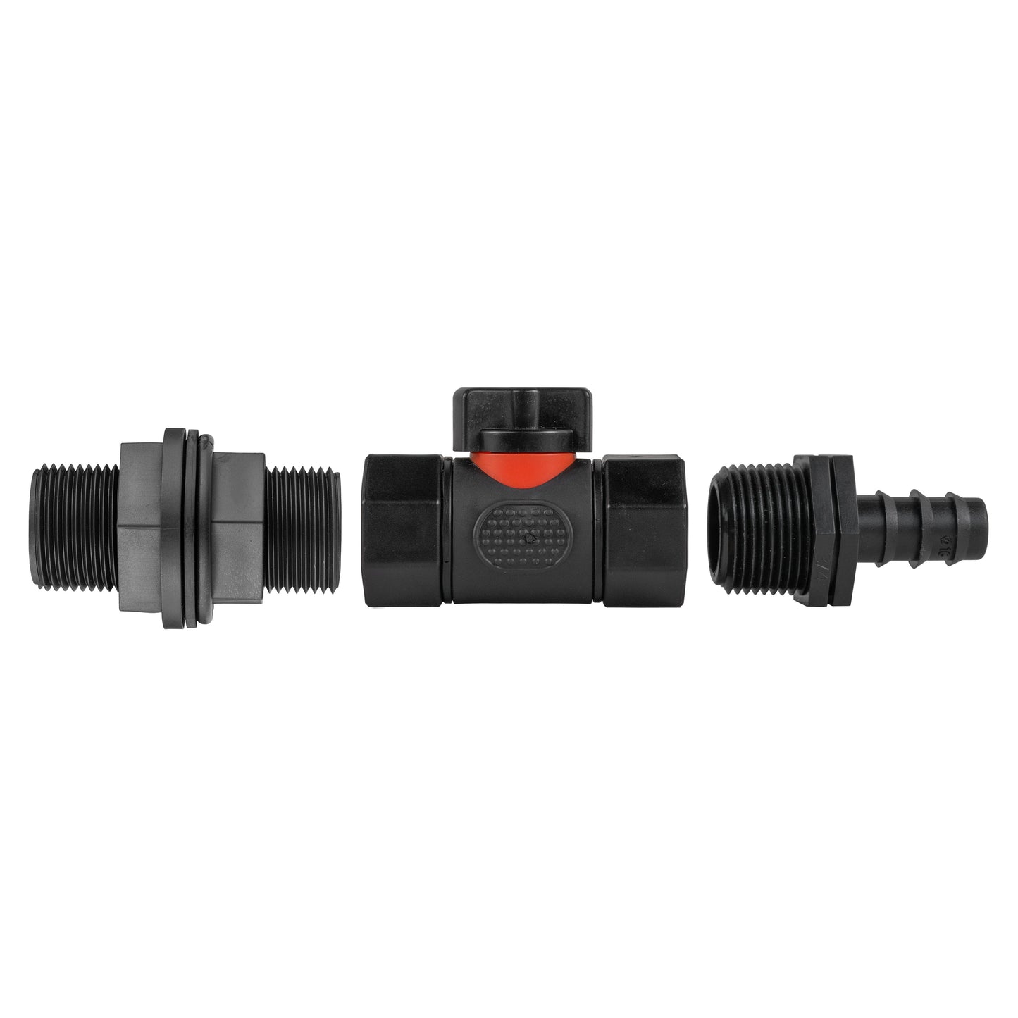 Water Butt Connector 3/4" BSP with In-Line BSPF Valve and 16mm Barbed Connector