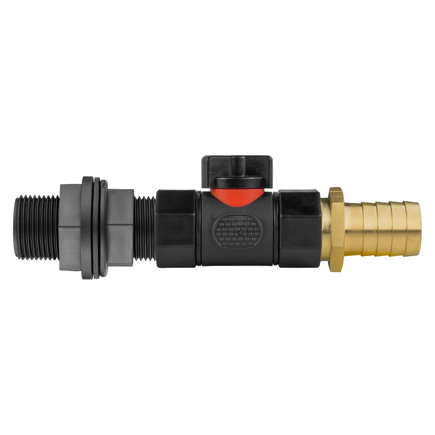 Water Butt Connector 3/4" BSP with In-Line BSPF Valve and 25mm Brass Barbed Fitting