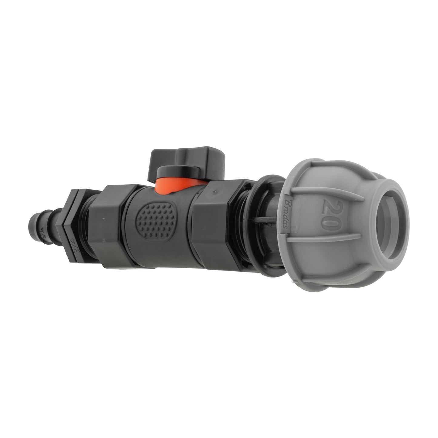 20mm MDPE Straight Connector with In-Line BSPF Valve and 16mm Barbed Connector