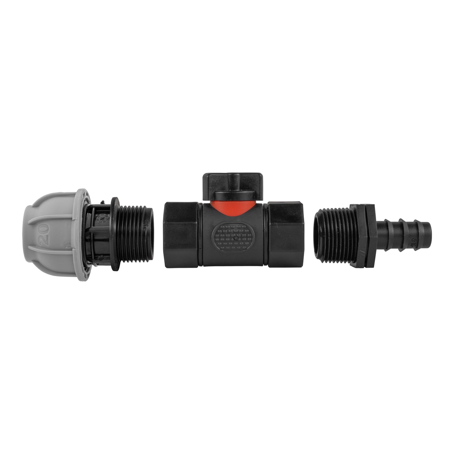 20mm MDPE Straight Connector with In-Line BSPF Valve and 16mm Barbed Connector
