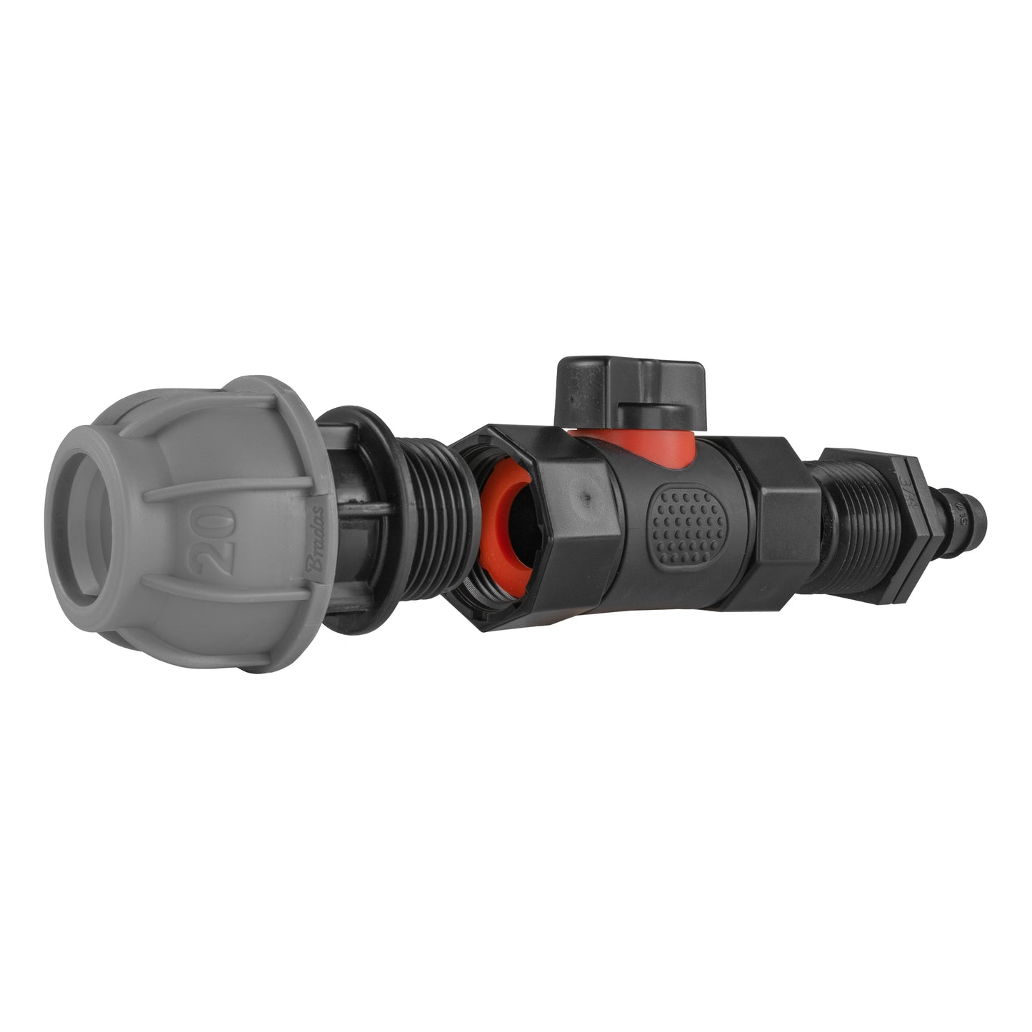 20mm MDPE Straight Connector with In-Line BSPF Valve and 16mm Barbed Connector