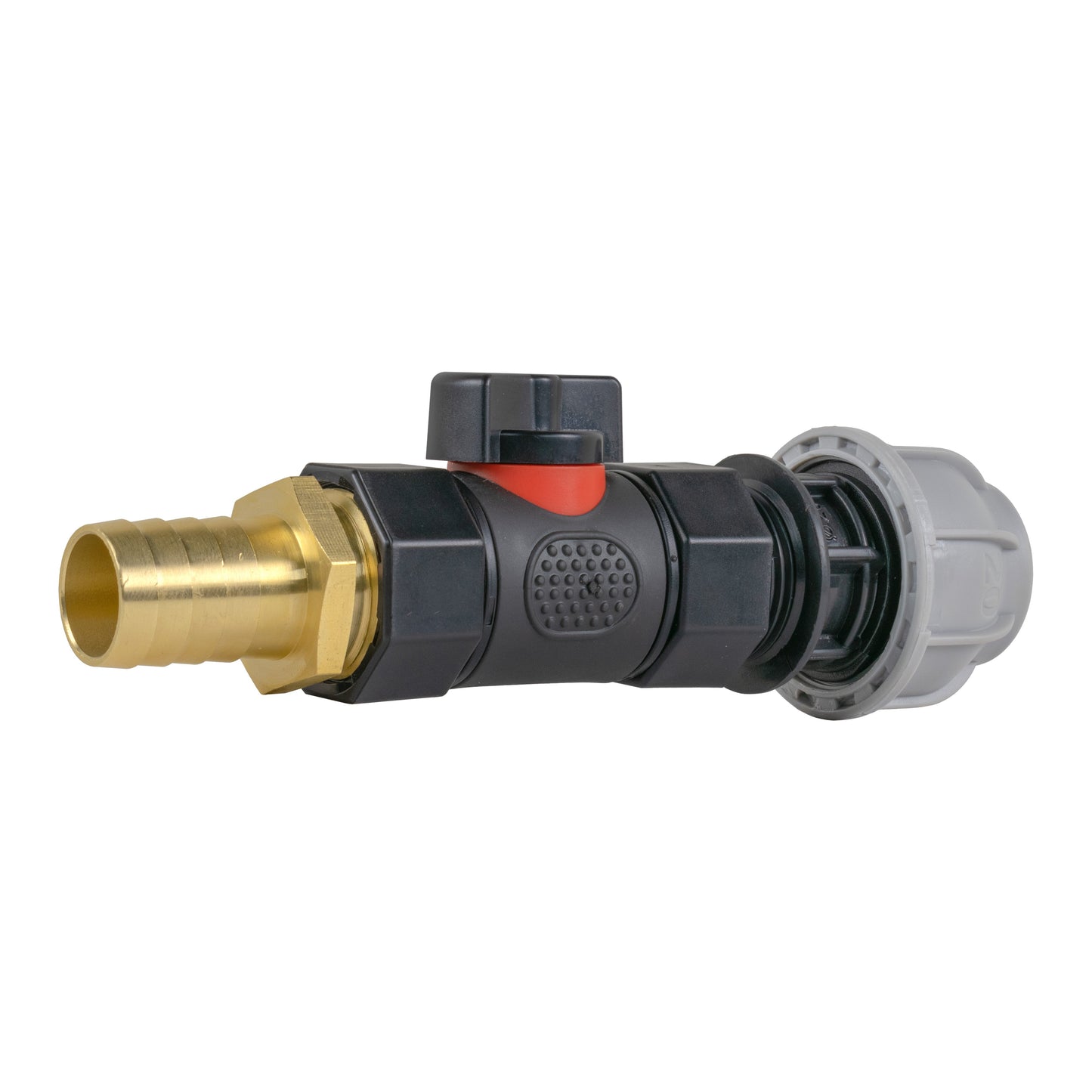 20mm MDPE Straight Connector with In-Line BSPF Valve and 19mm Brass Barb