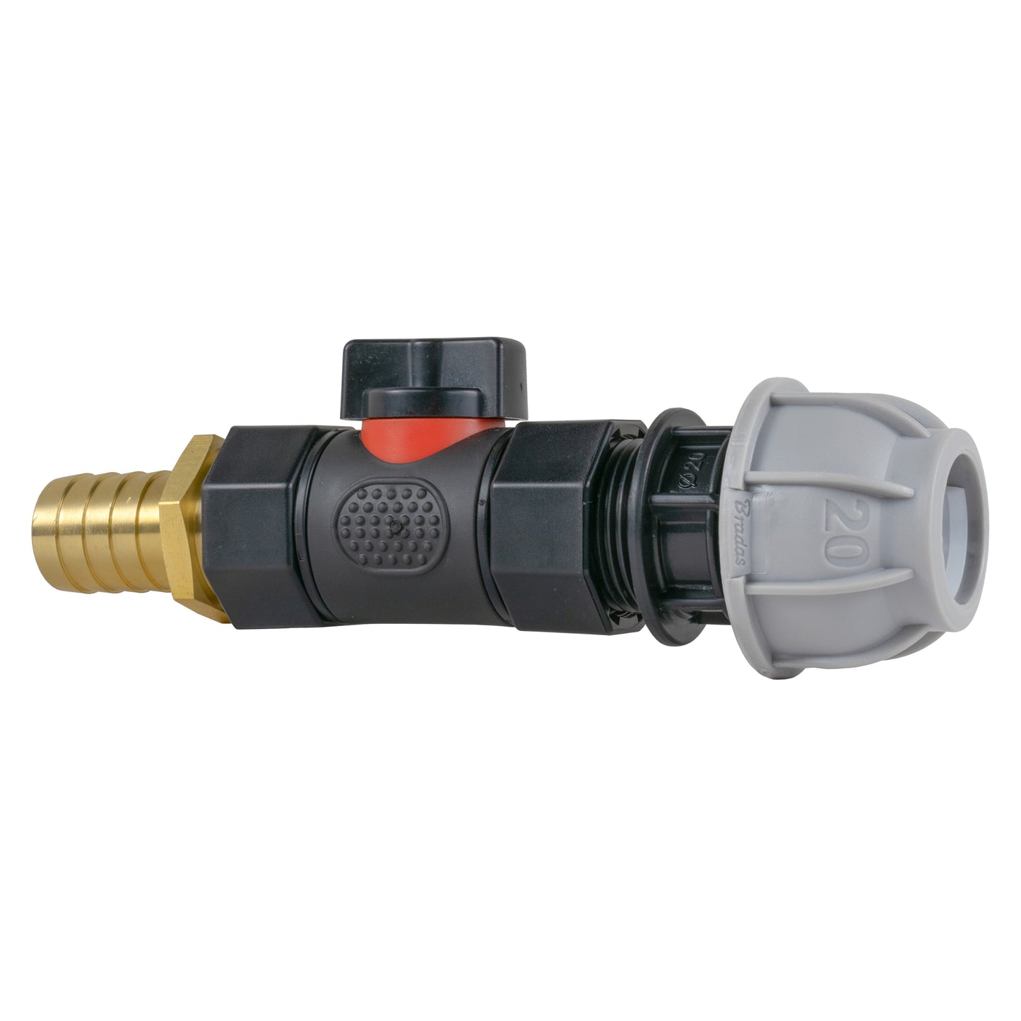 20mm MDPE Straight Connector with In-Line BSPF Valve and 19mm Brass Barb