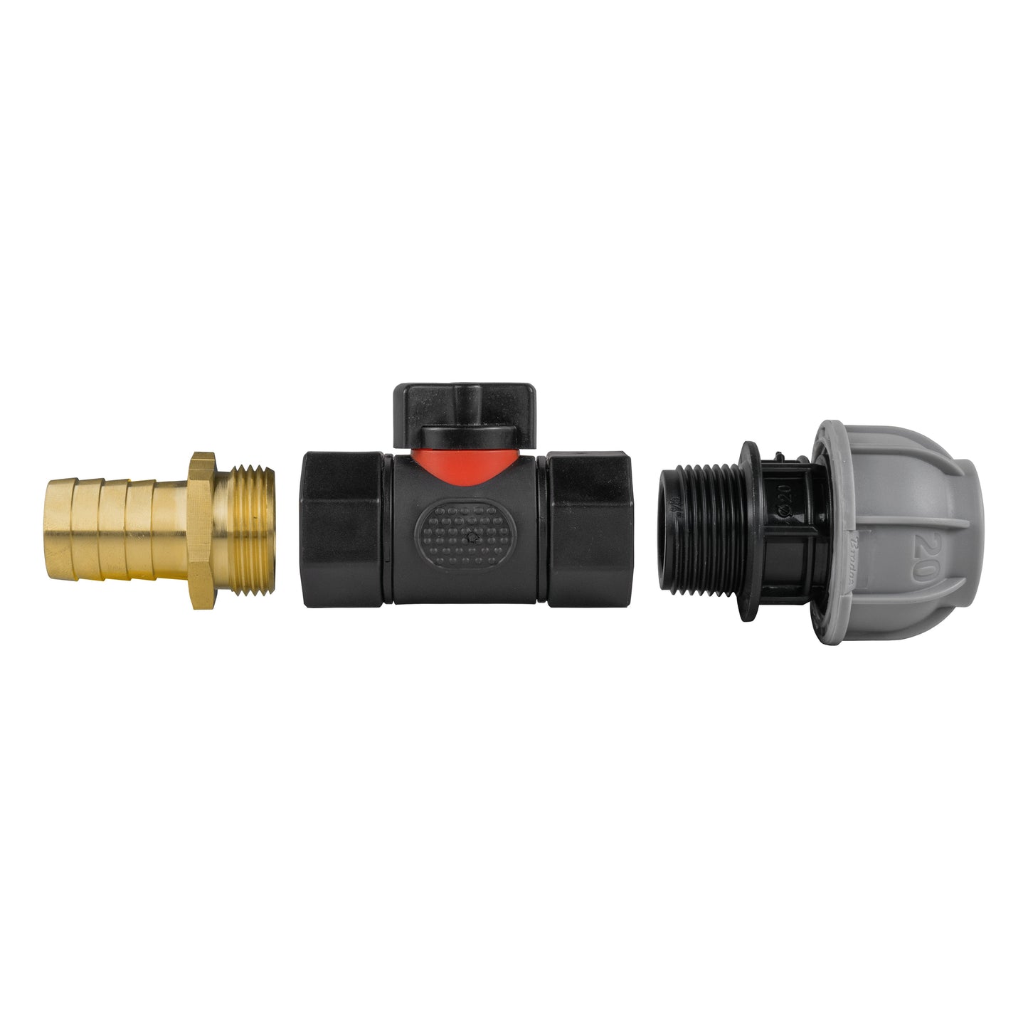 20mm MDPE Straight Connector with In-Line BSPF Valve and 19mm Brass Barb
