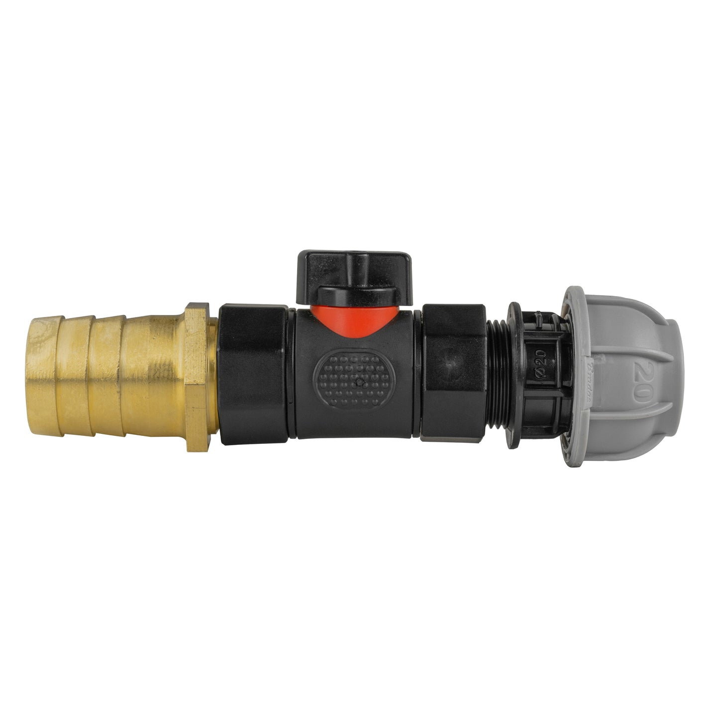 20mm MDPE Straight Connector with In-Line BSPF Valve and 25mm Brass Barb