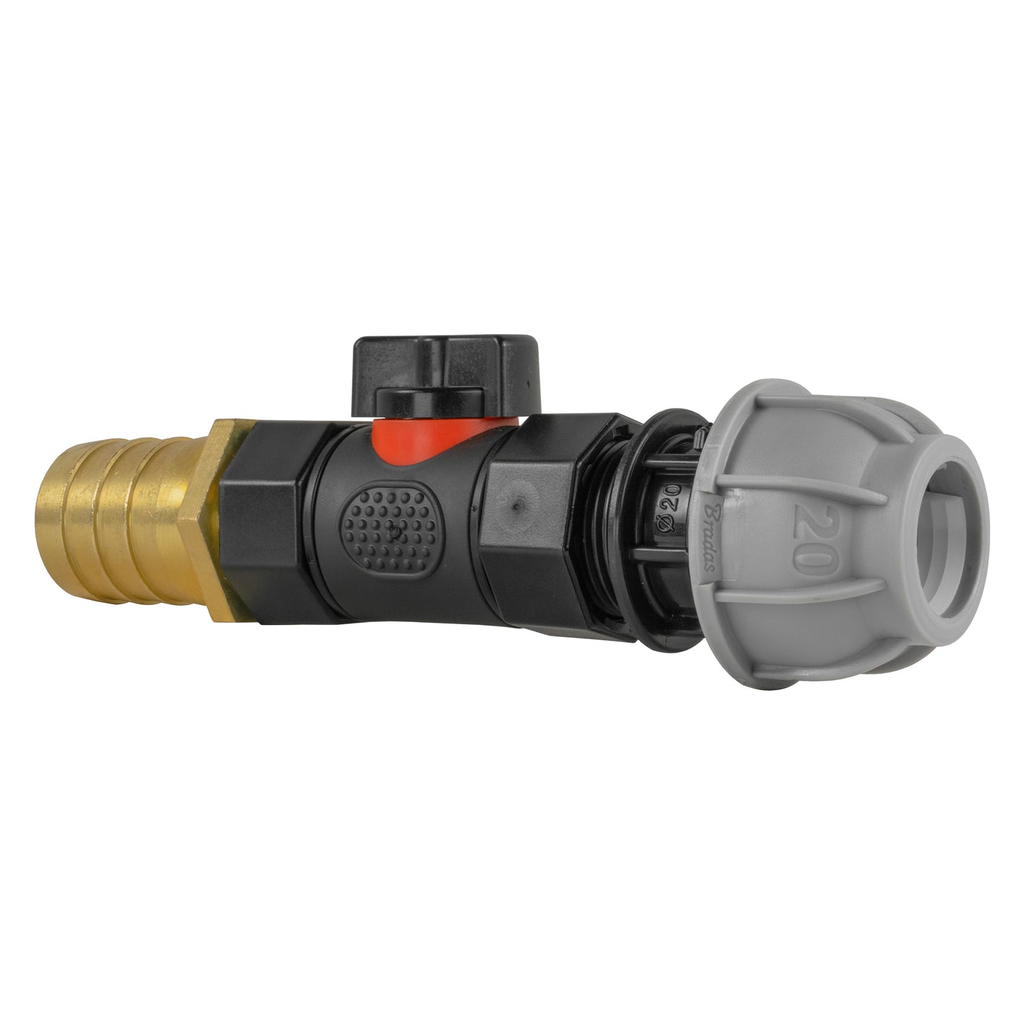 20mm MDPE Straight Connector with In-Line BSPF Valve and 25mm Brass Barb