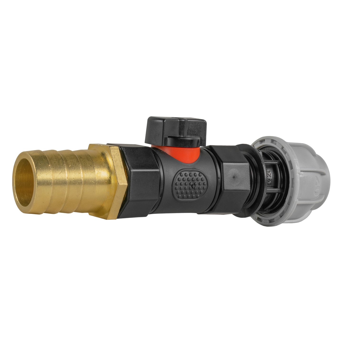 20mm MDPE Straight Connector with In-Line BSPF Valve and 25mm Brass Barb