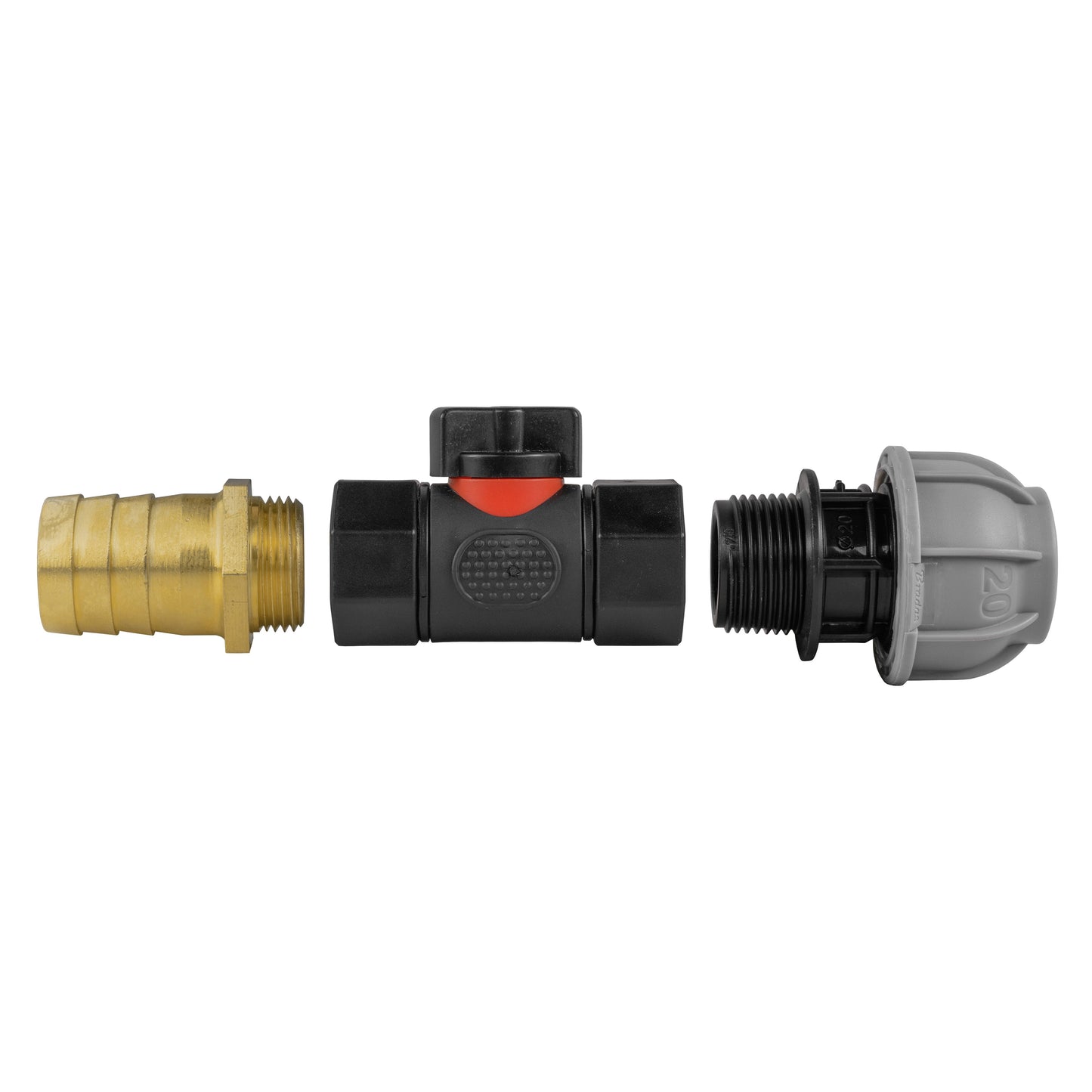 20mm MDPE Straight Connector with In-Line BSPF Valve and 25mm Brass Barb