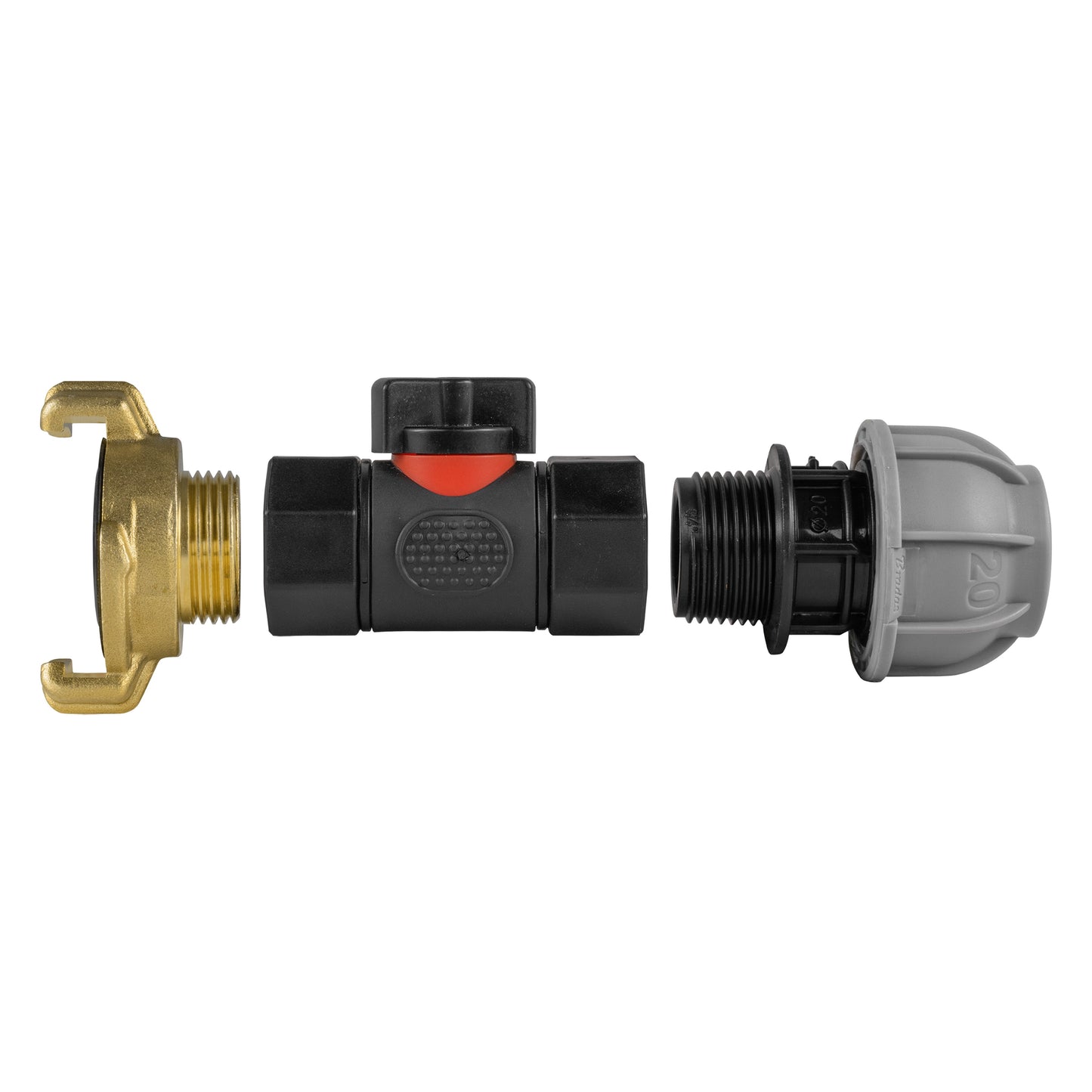 20mm MDPE Straight Coupling with Built-in BSPF Valve and Geka-Type Hose Connector
