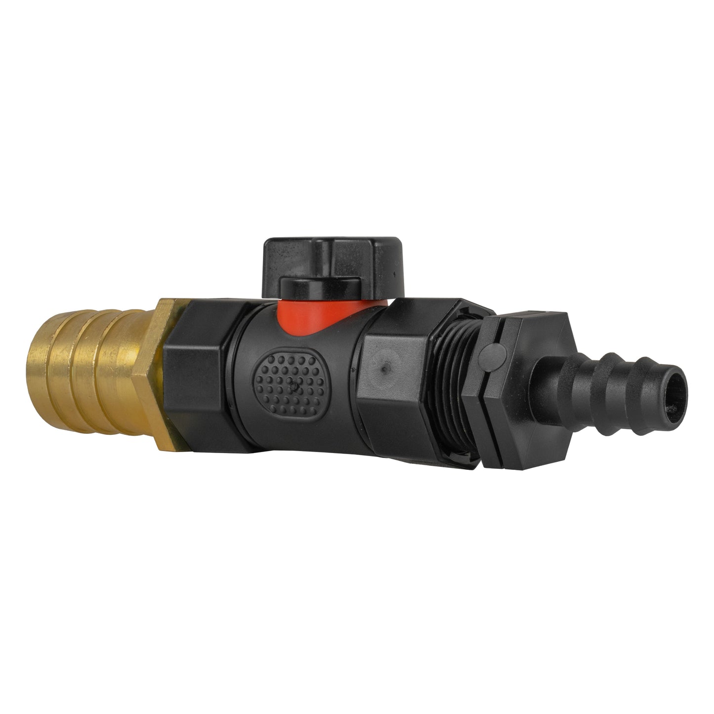 16mm Barbed Joiner with Integrated BSPF Valve and 25mm Brass Hose Connector