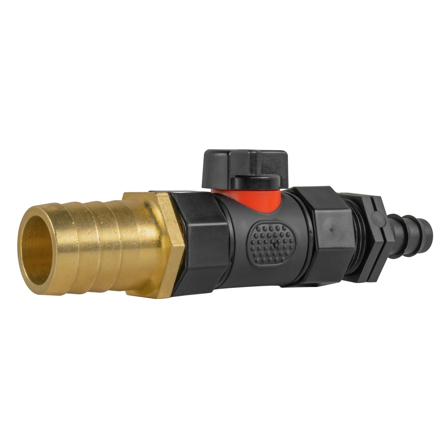 16mm Barbed Joiner with Integrated BSPF Valve and 25mm Brass Hose Connector