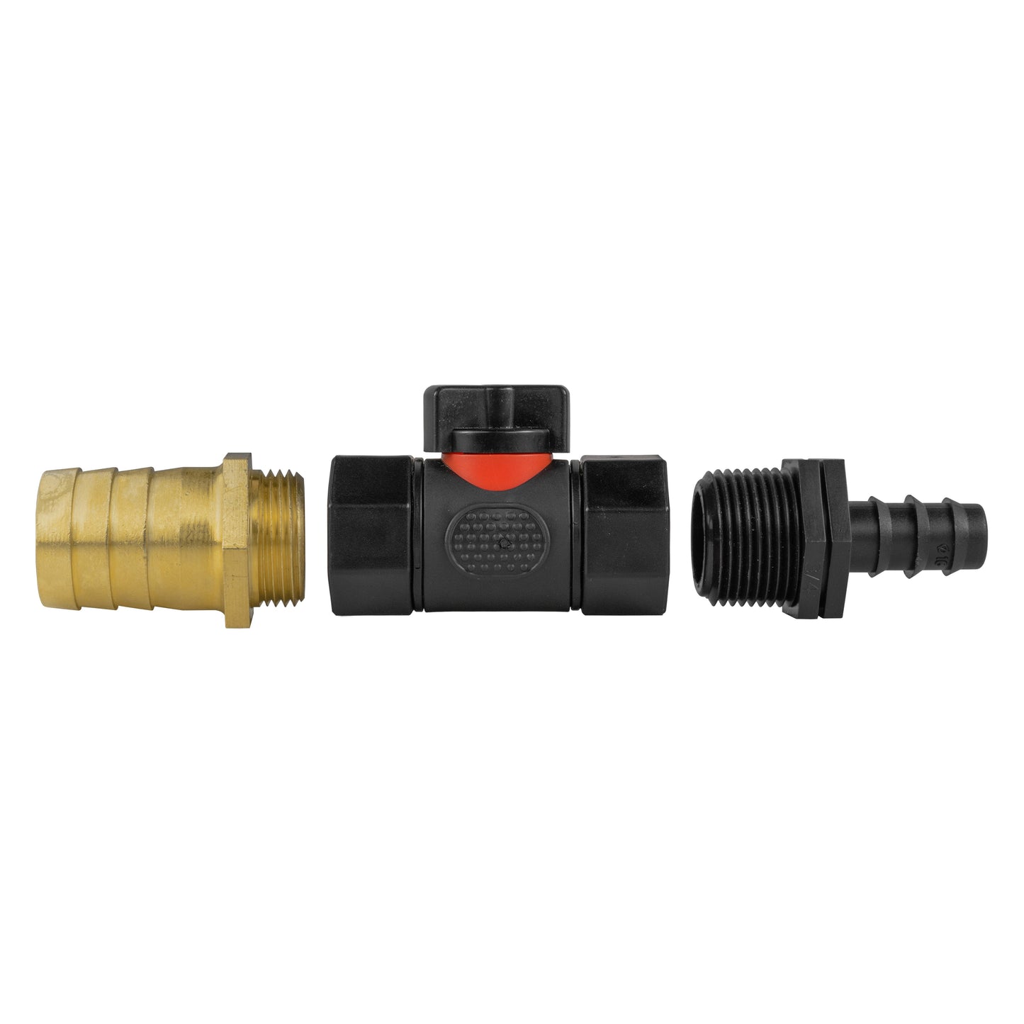 16mm Barbed Joiner with Integrated BSPF Valve and 25mm Brass Hose Connector