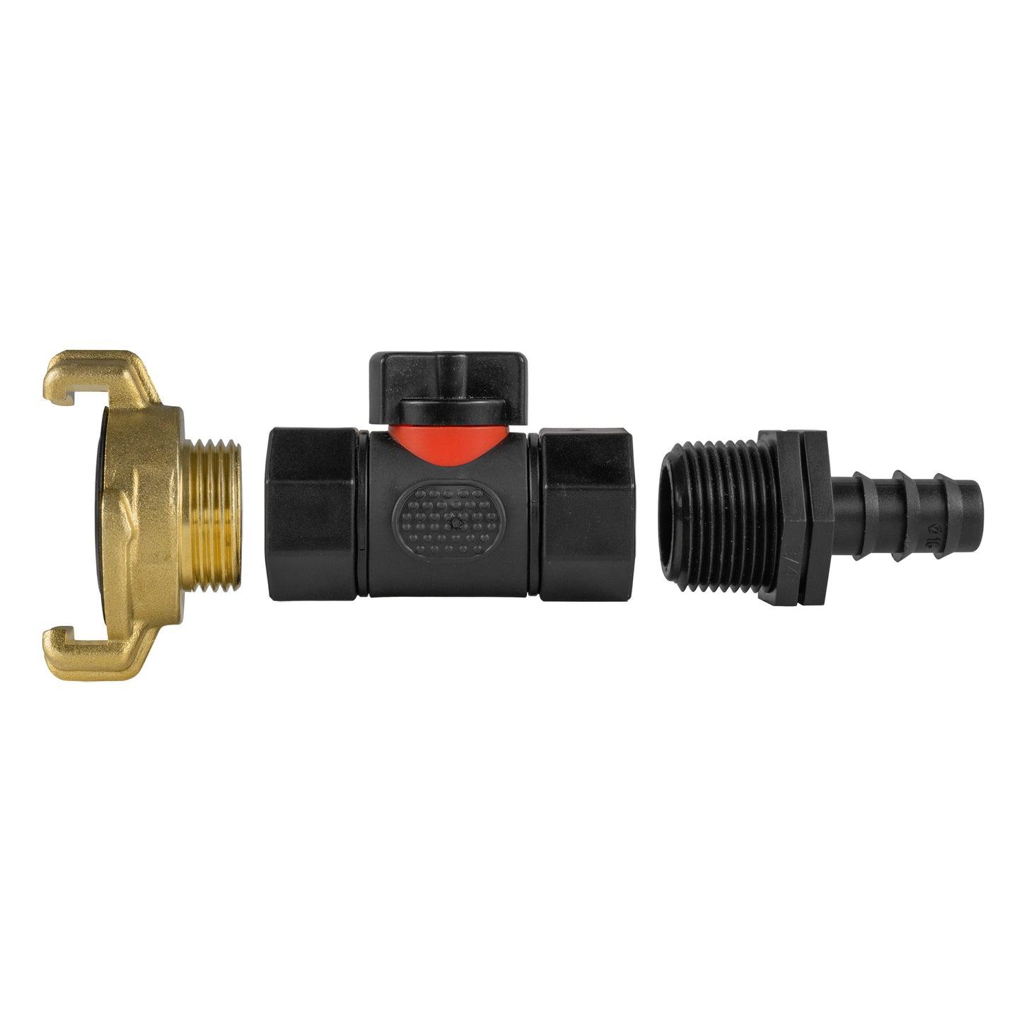 16mm Barbed Straight Connector with In-Line BSPF Valve and Geka Fitting