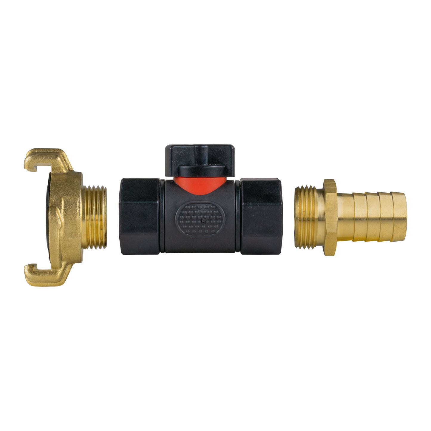 19mm Brass Barb Adapter with In-Line BSPF Valve and Geka Type Coupling