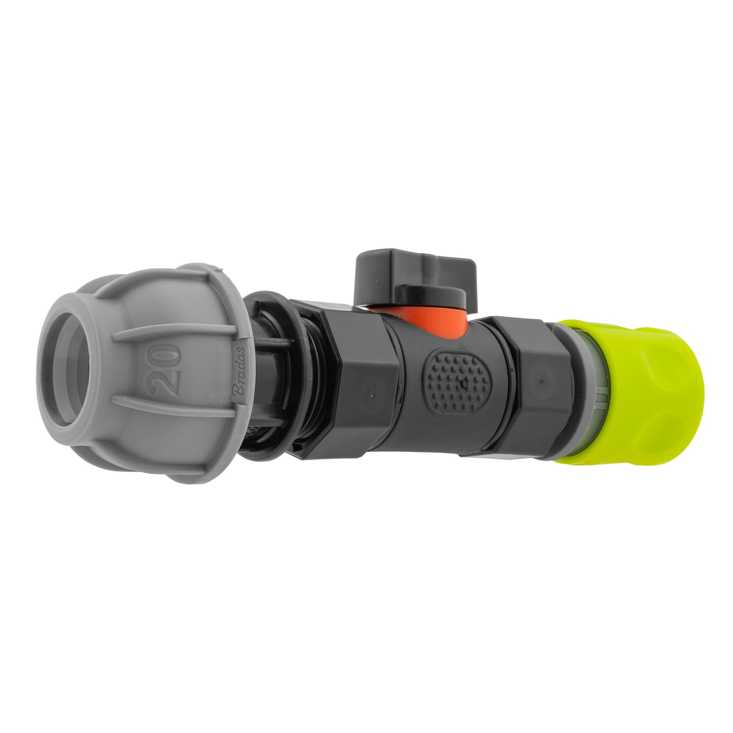 Lime Hose Connector with BSPF In-Line Valve and 20mm MDPE Straight Coupling