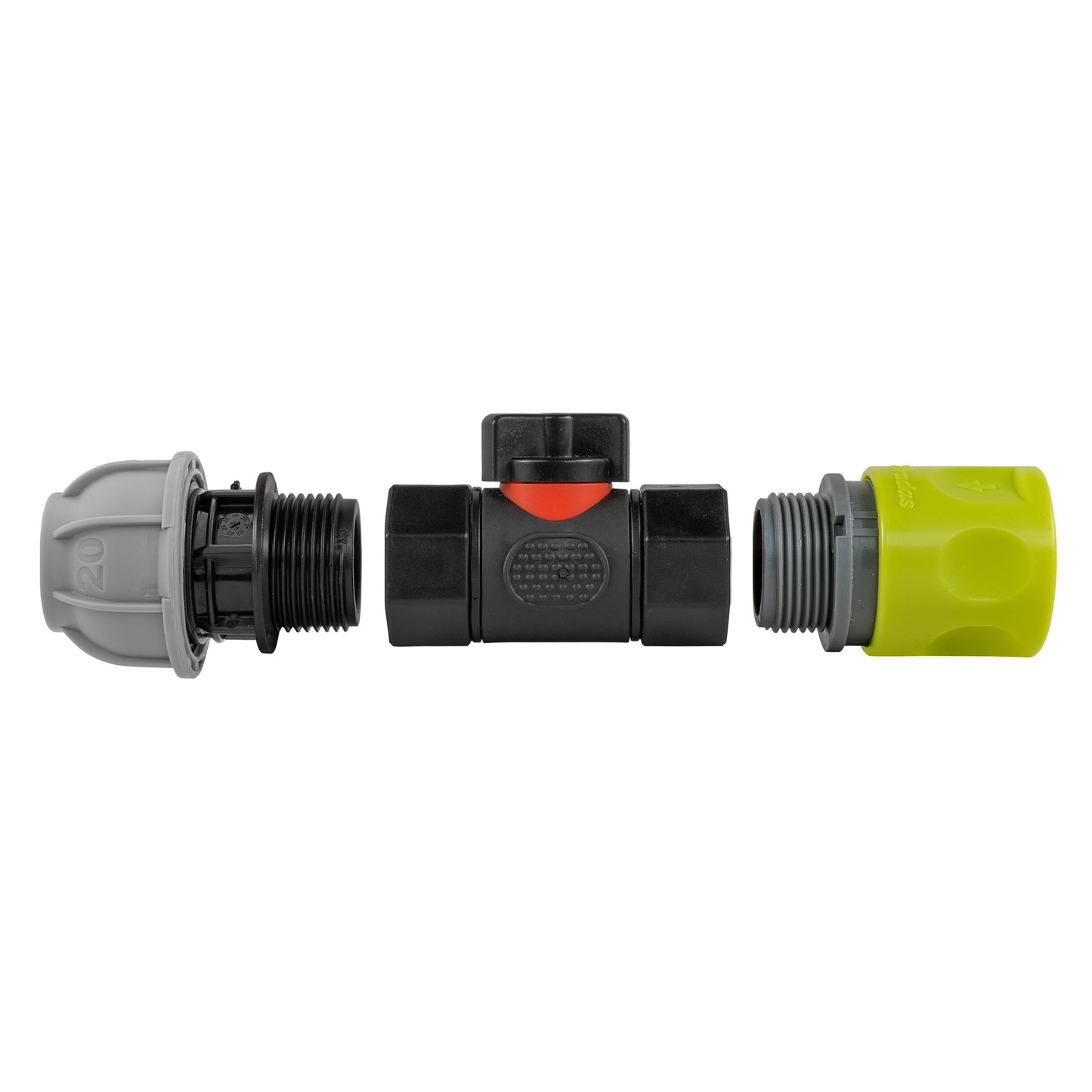 Lime Hose Connector with BSPF In-Line Valve and 20mm MDPE Straight Coupling