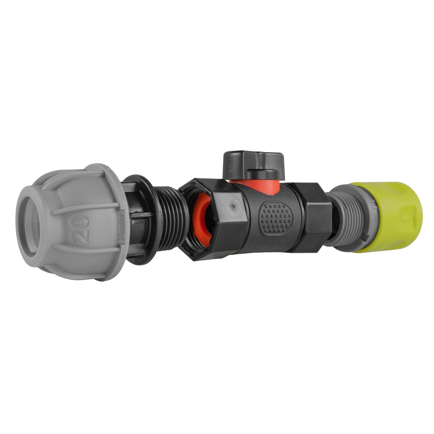 Lime Hose Connector with BSPF In-Line Valve and 20mm MDPE Straight Coupling