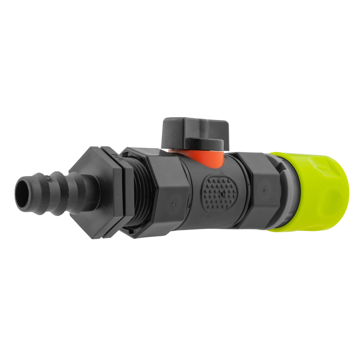 Lime Hose Connector with BSPF In-Line Valve and 16mm Barbed Straight Fitting