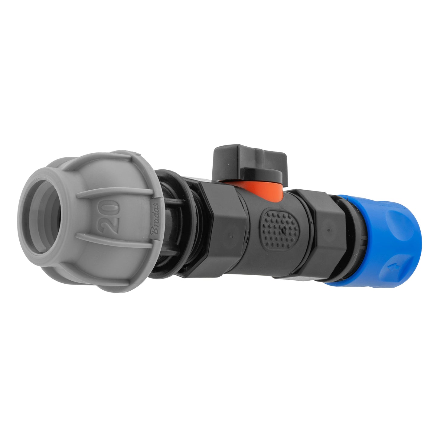 Blue Hose Connector with ¾" BSPF In-Line Valve and 20mm MDPE Straight Fitting
