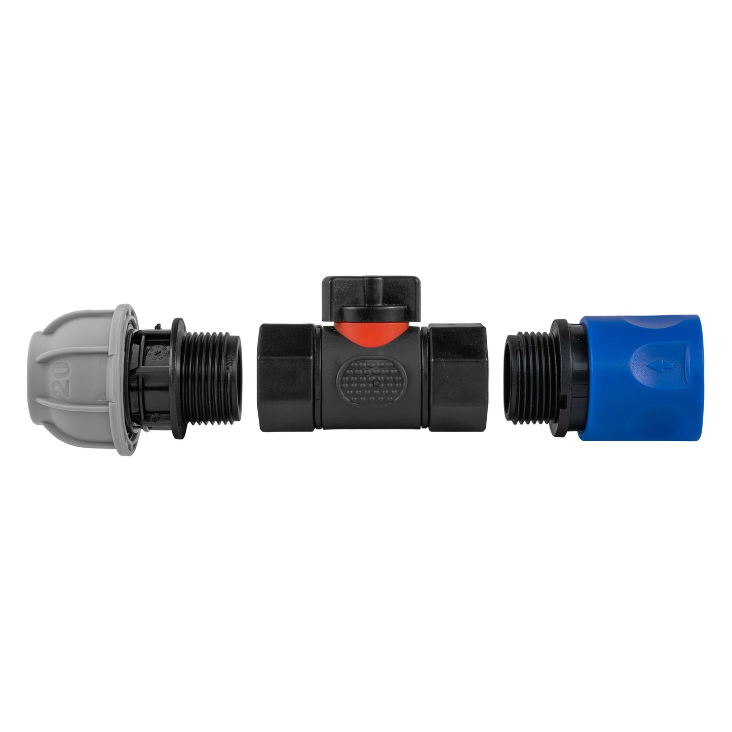 Blue Hose Connector with ¾" BSPF In-Line Valve and 20mm MDPE Straight Fitting