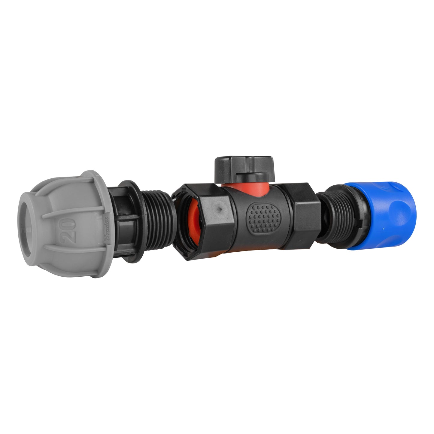 Blue Hose Connector with ¾" BSPF In-Line Valve and 20mm MDPE Straight Fitting
