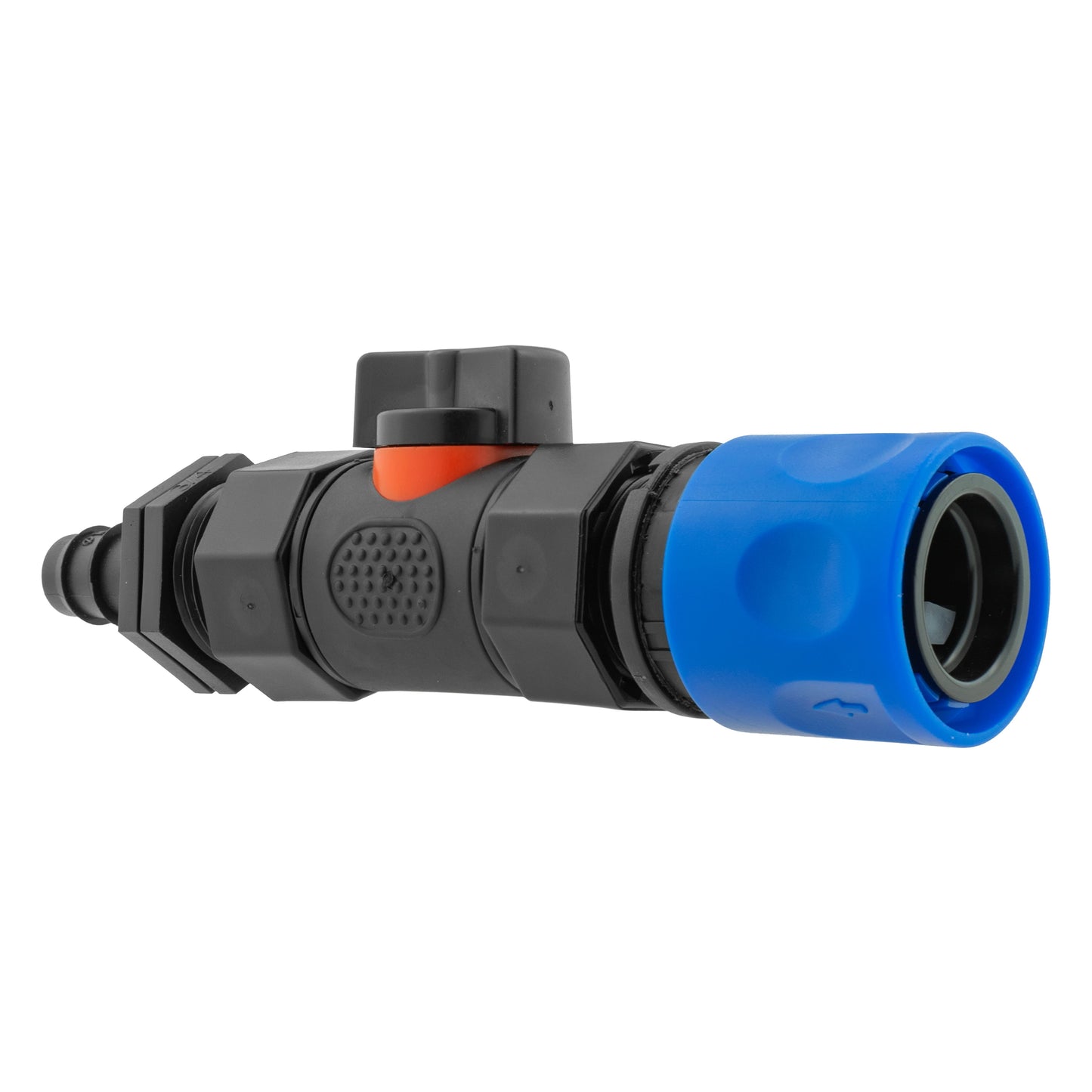 Blue Hose Connector with BSPF In-Line Valve and 16mm Barbed Straight Fitting