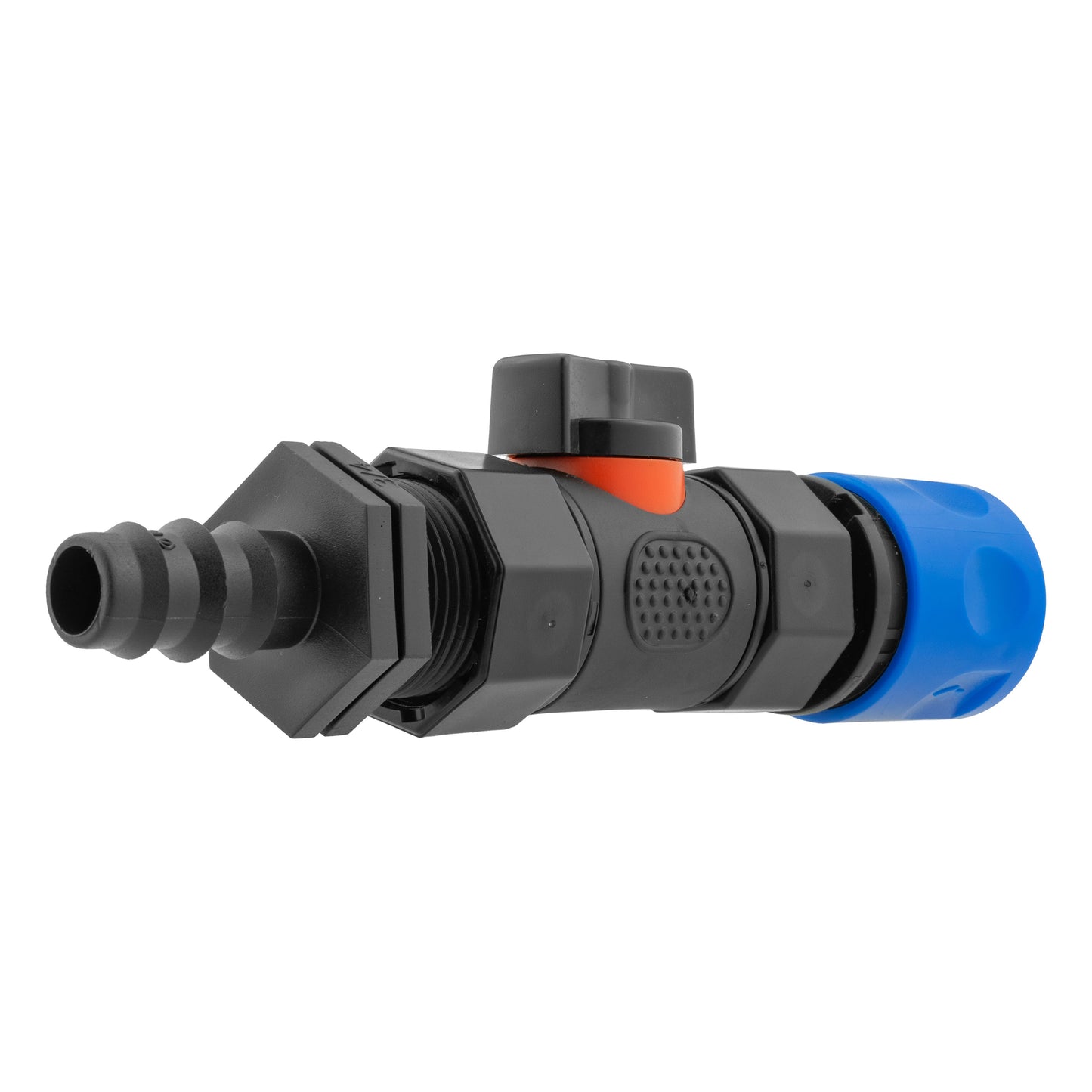 Blue Hose Connector with BSPF In-Line Valve and 16mm Barbed Straight Fitting