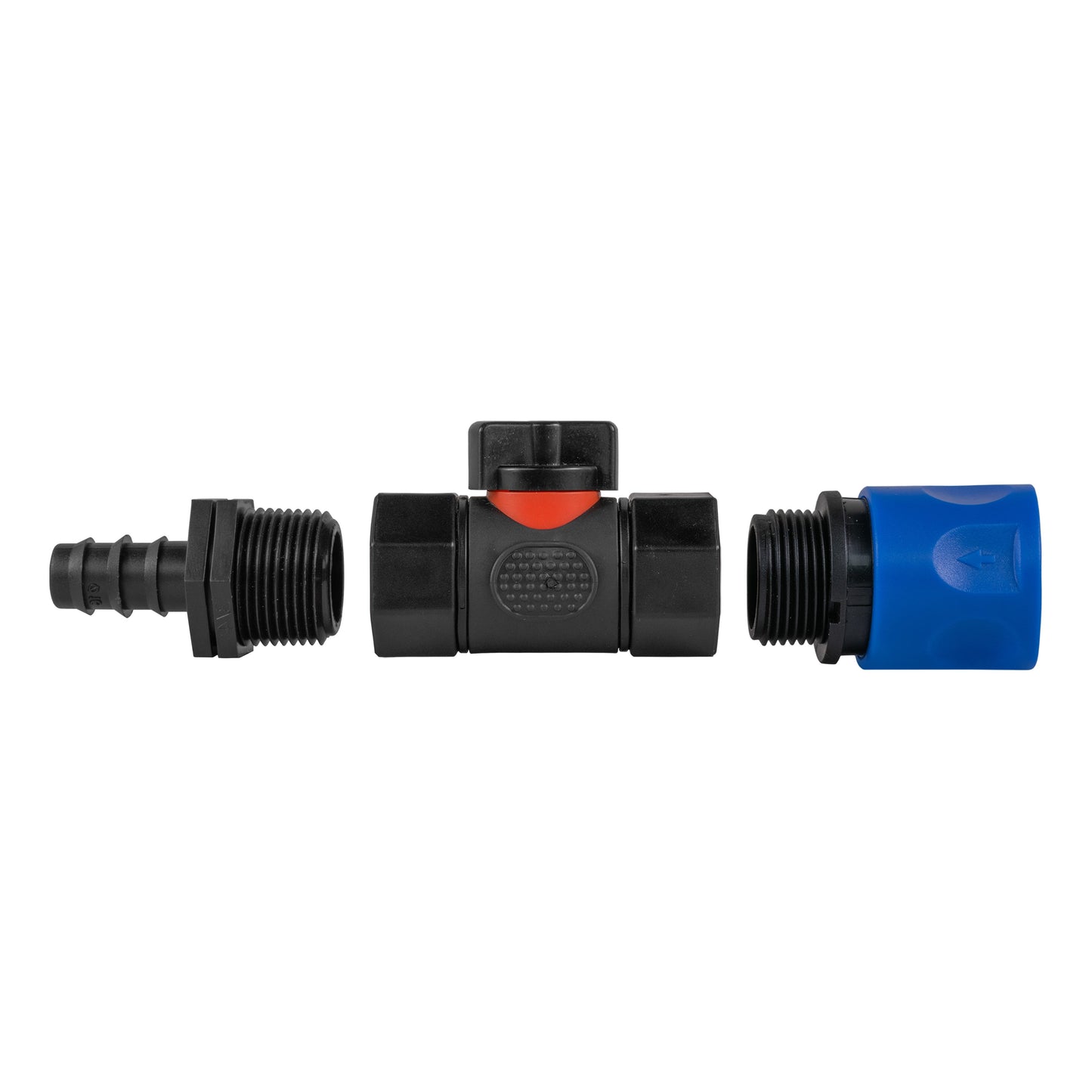 Blue Hose Connector with BSPF In-Line Valve and 16mm Barbed Straight Fitting