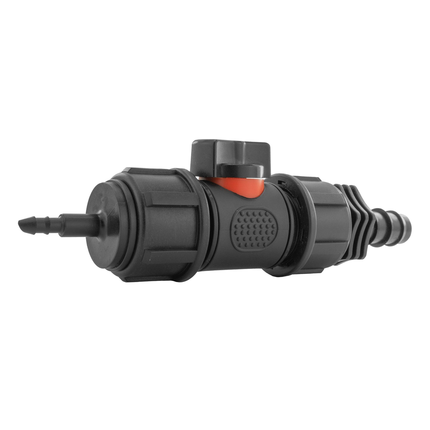 4mm Micro Barb Connector with 3/4" BSPM In-Line Valve and 16mm Straight Barb Adapter