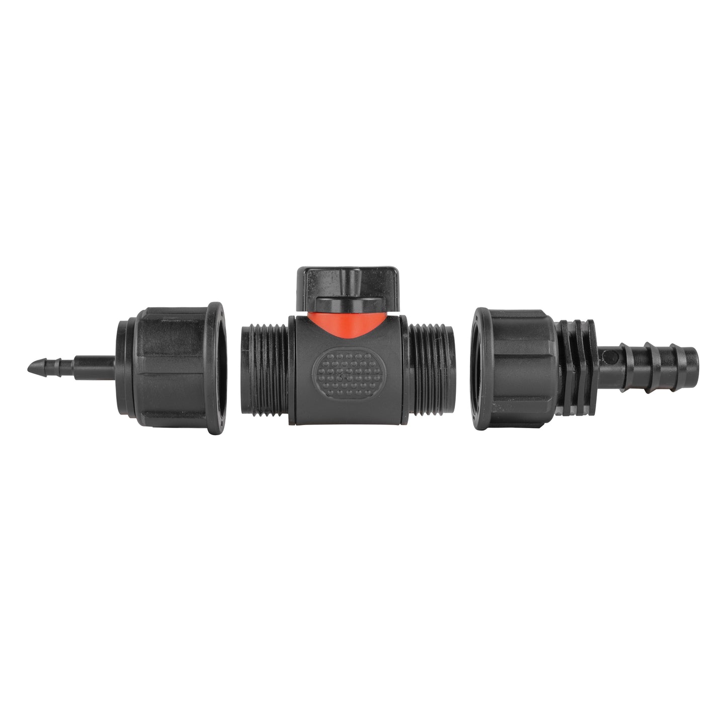 4mm Micro Barb Connector with 3/4" BSPM In-Line Valve and 16mm Straight Barb Adapter