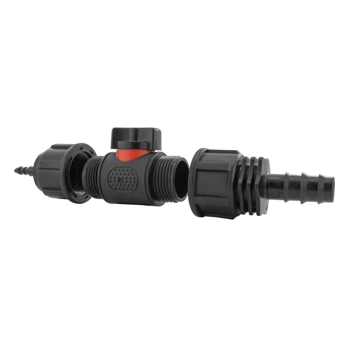 4mm Micro Barb Connector with 3/4" BSPM In-Line Valve and 16mm Straight Barb Adapter