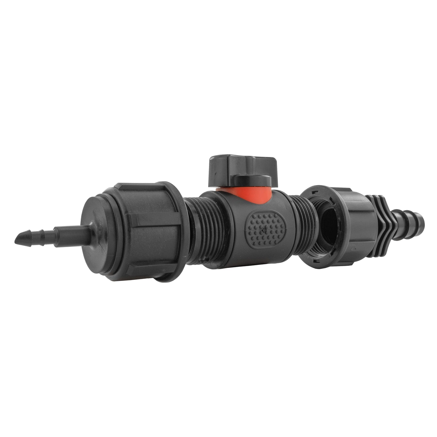 4mm Micro Barb Connector with 3/4" BSPM In-Line Valve and 16mm Straight Barb Adapter