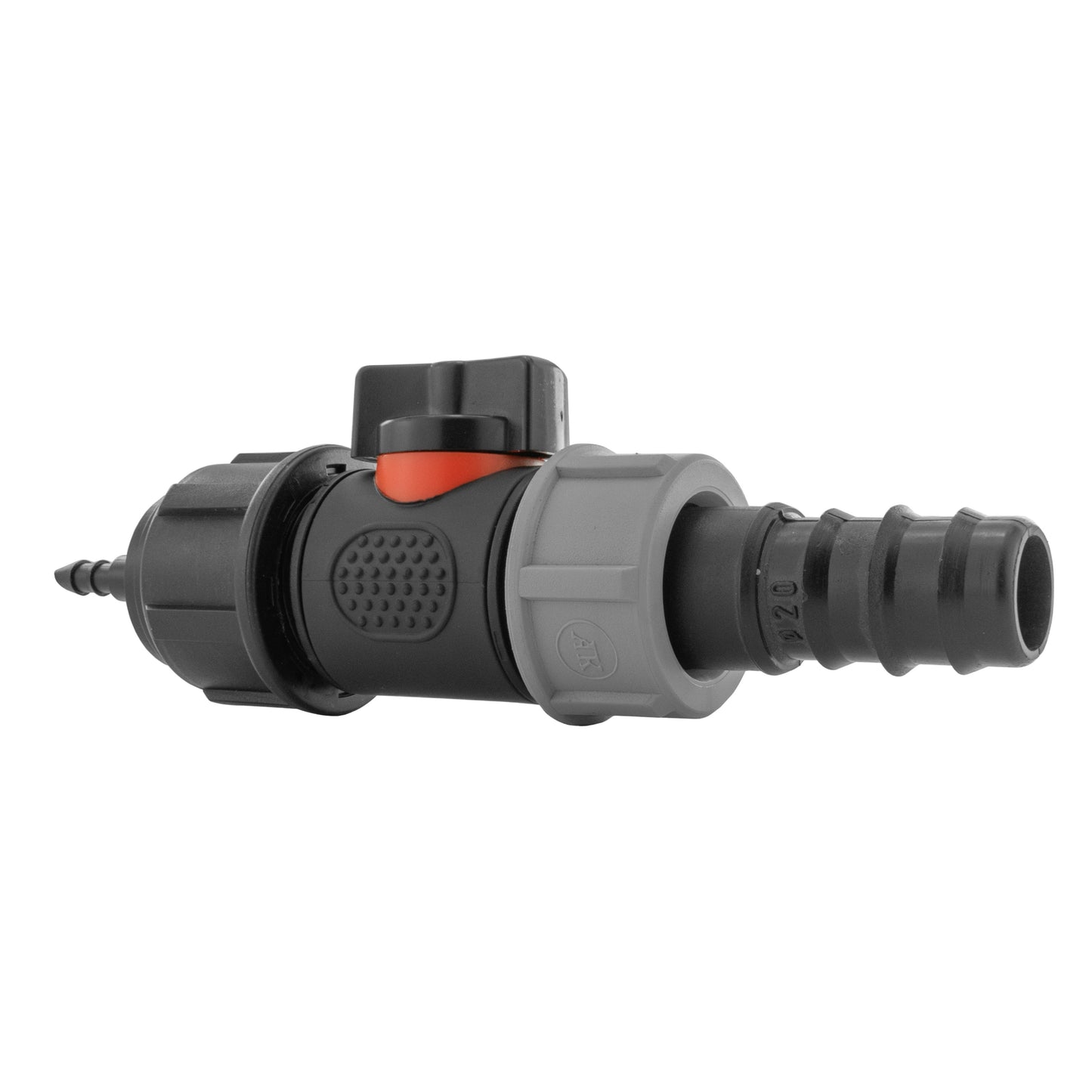 4mm Micro Barb Connector with 3/4" BSPM In-Line Valve and 20mm Straight Barb Adapter