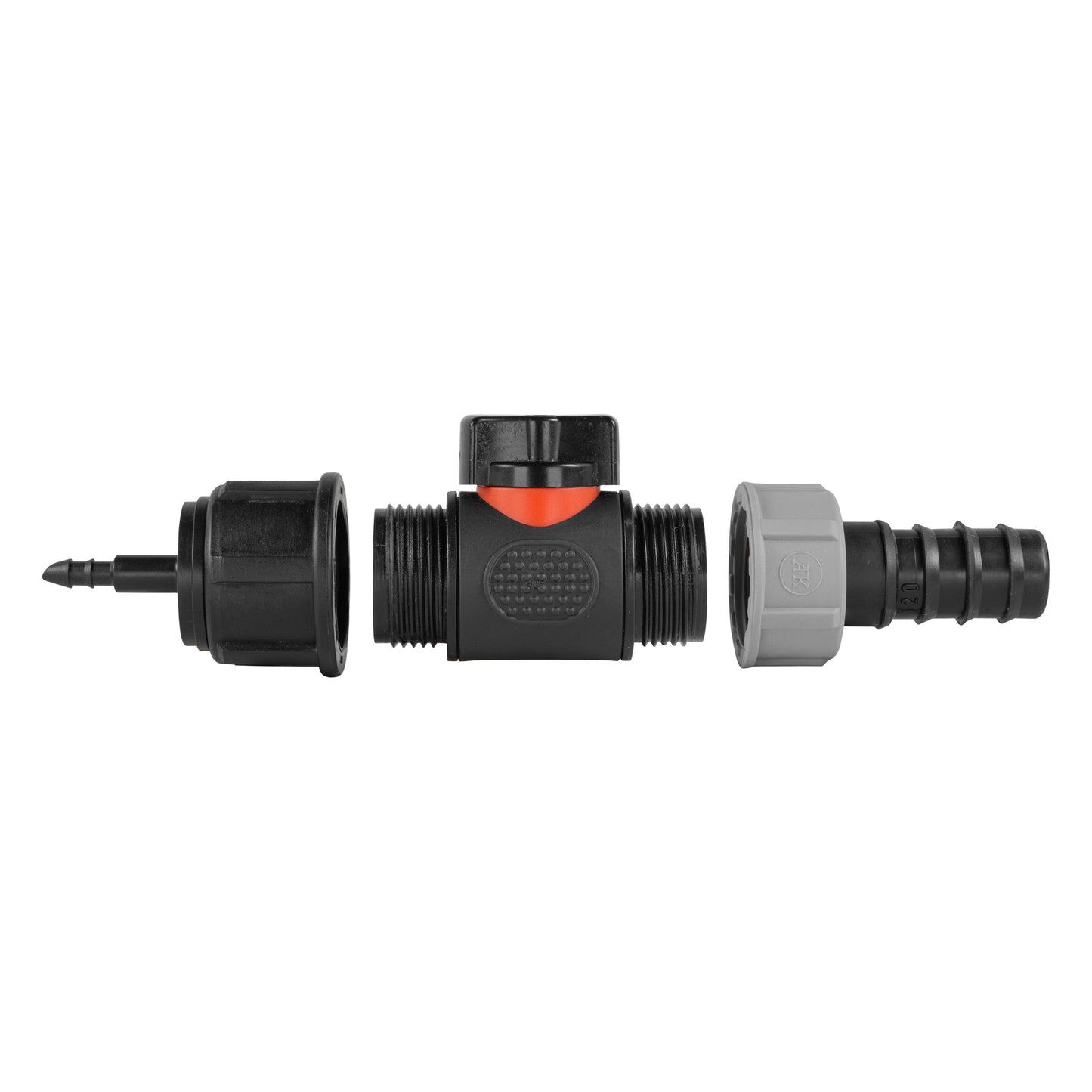 4mm Micro Barb Connector with 3/4" BSPM In-Line Valve and 20mm Straight Barb Adapter