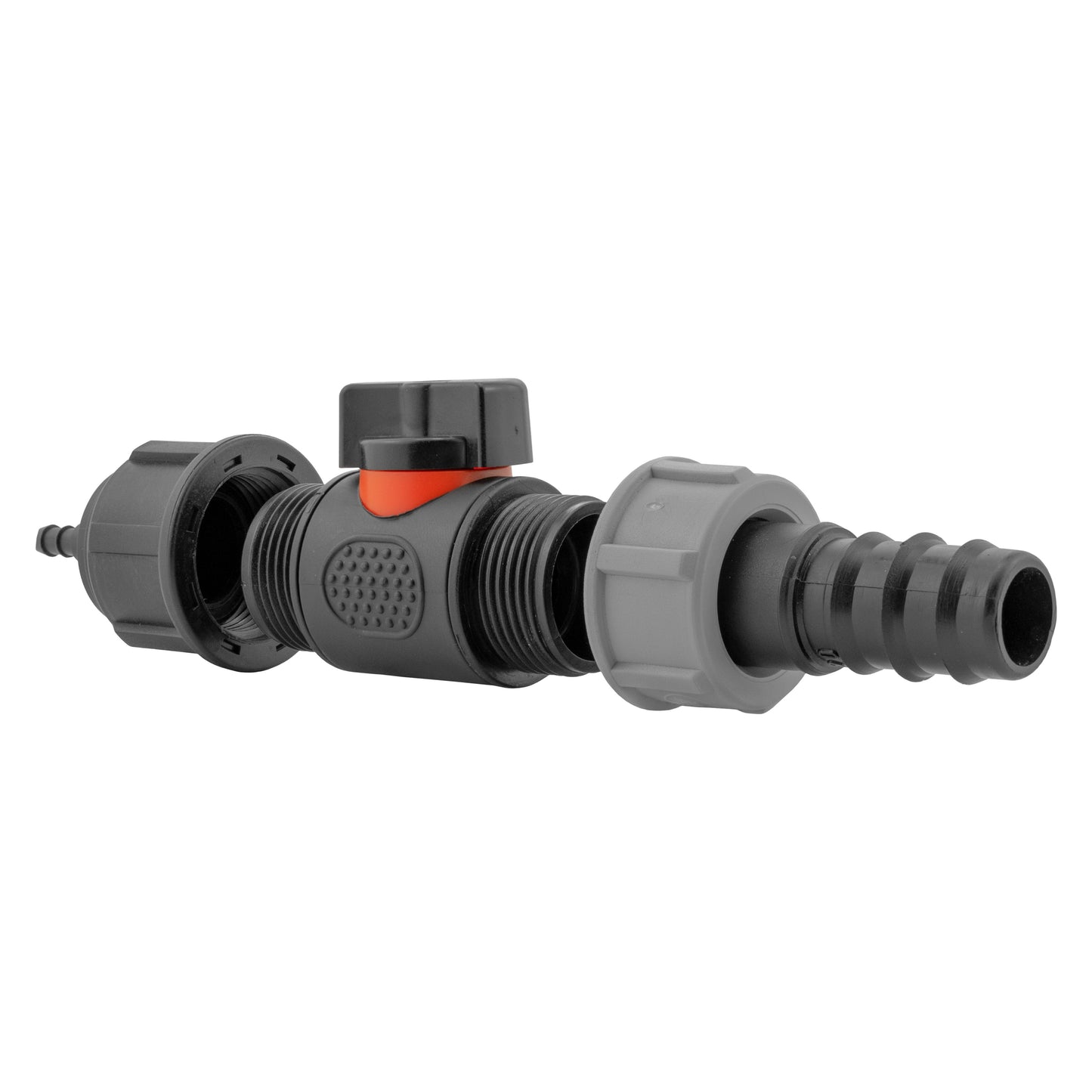 4mm Micro Barb Connector with 3/4" BSPM In-Line Valve and 20mm Straight Barb Adapter
